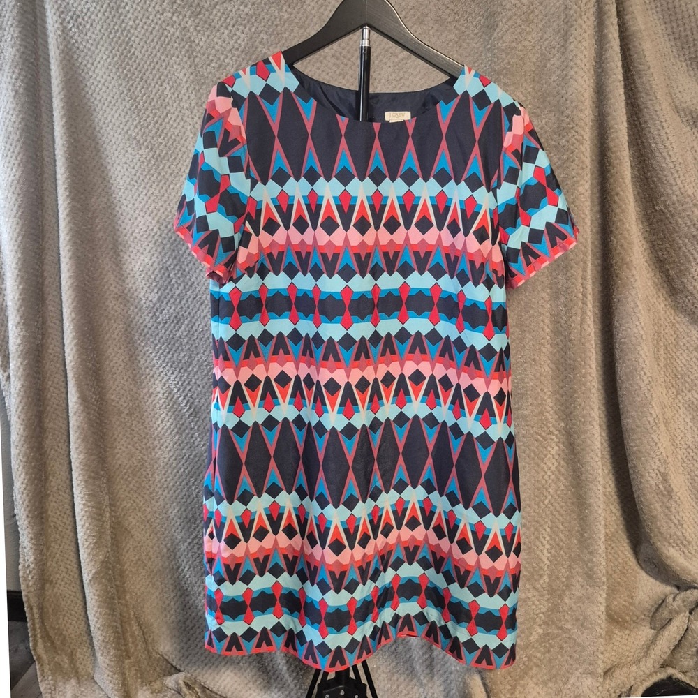 J.Crew Women Geometric Diamond Print Shift Dress Navy Blue Coral C5608 Size 14